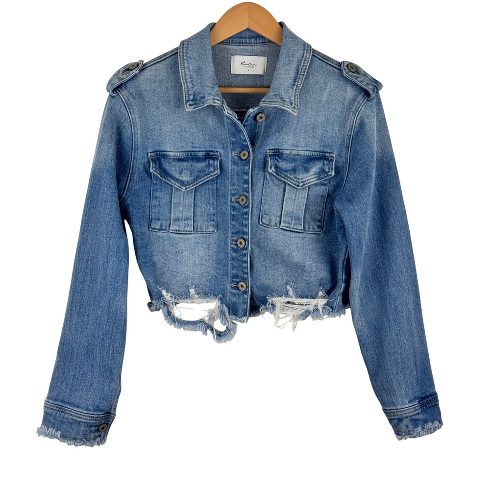 KanCan Los Angeles Distressed Cropped Denim Jacket Ray Hem Medium Wash Utility